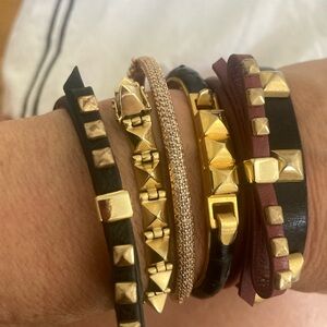 Black leather bowtie bracelet gold rhombus pyramid studs